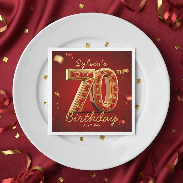 Luxury Gold Red Ruby Jewel Diamond 70th Birthday Napkin (Creator Uploaded)