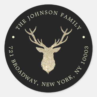 Luxury Gold Reindeer Black Xmas Return Address Classic Round Sticker