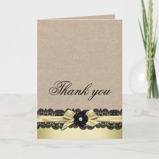 Luxury Gold Ribbon Burlap Lace Thank you card (Front)