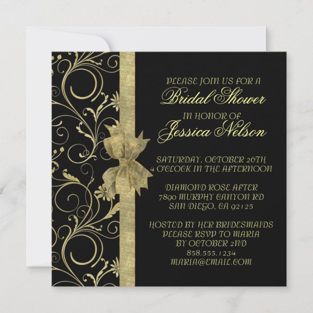 Luxury Gold Ribbon Damask Black Shower Invite (Front)
