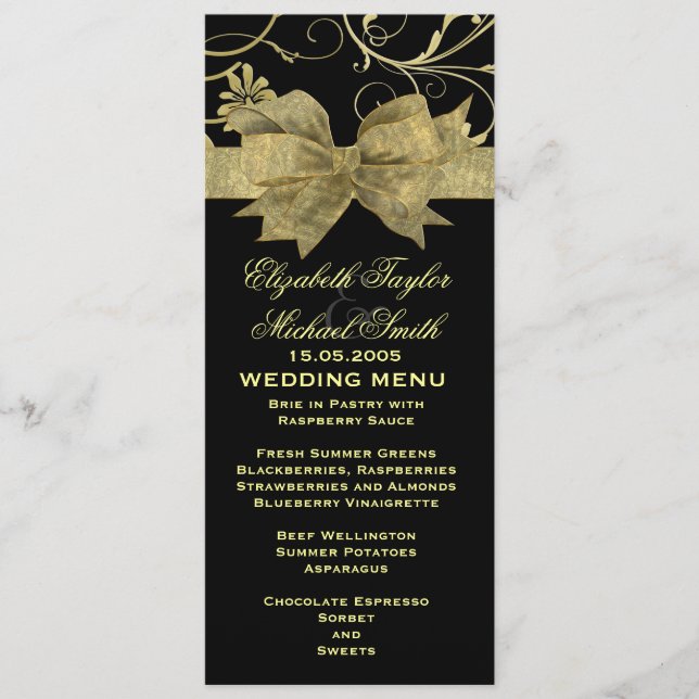 Luxury Gold Ribbon Damask Black Wedding Menu (Front)