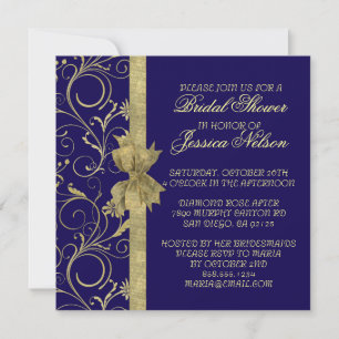 Luxury Gold Ribbon Damask Blue Shower Invite