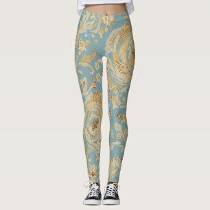 Luxury Gold Roses and Soft Blue Leggings