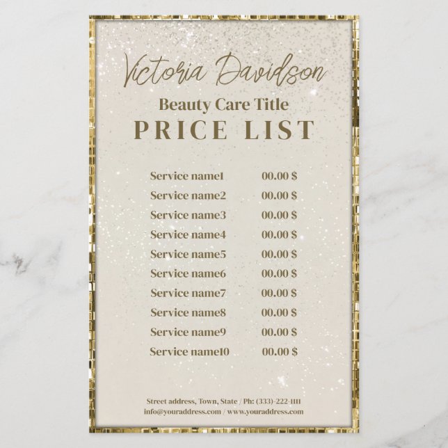 Luxury Gold Shimmer Beauty Salon Price List Flyer (Front)