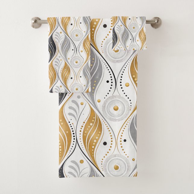 Luxury Gold Silver Black Art Deco Abstract Pattern Bath Towel Set (Insitu)