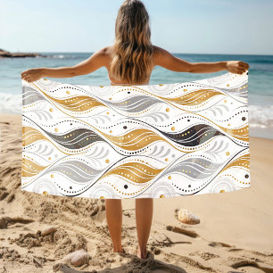 Luxury Gold Silver Black Art Deco Abstract Pattern Beach Towel