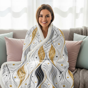 Luxury Gold Silver Black Art Deco Abstract Pattern Sherpa Blanket