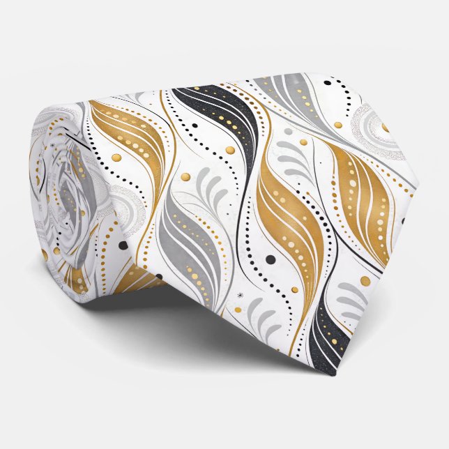 Luxury Gold Silver Black Art Deco Abstract Pattern Tie (Rolled)