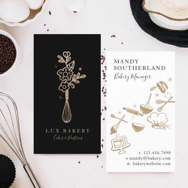 Luxury Gold Sparkle Bakers Floral Whisk Business Card (Creator Uploaded)