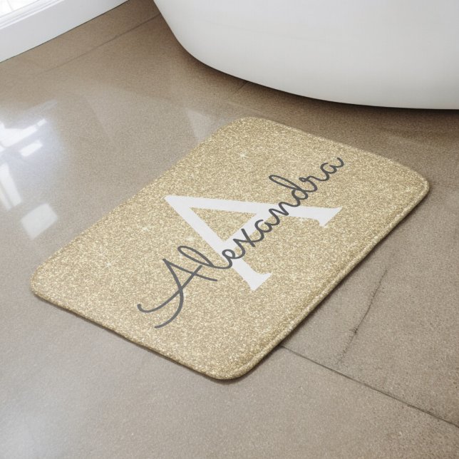 Luxury Gold Sparkle Glitter Monogram Name Bath Mat (Creator Uploaded)