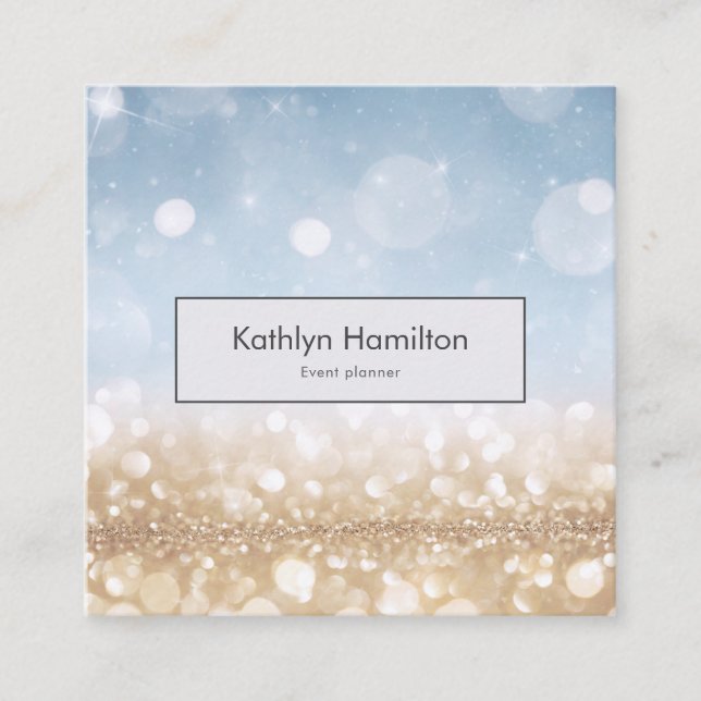 Luxury gold sparkle, modern event planner photo square business card (Front)