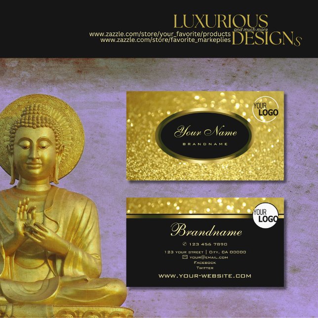 Luxury Gold Sparkling Glitter on Black add Logo Business Card (Creator Uploaded)