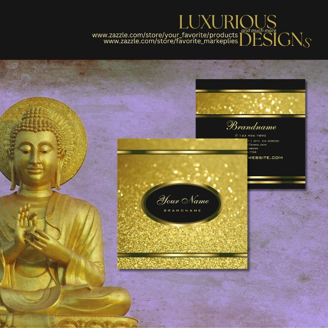 Luxury Gold Sparkling Glitter on Black Striking Square Business Card (Creator Uploaded)