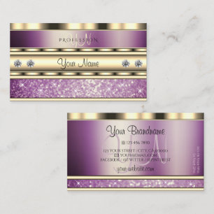 Luxury Gold Sparkling Purple Glitter with Monogram Business Card