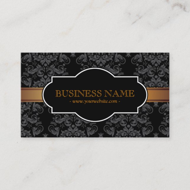 Luxury Gold Stripe Black Damask Business Card (Front)