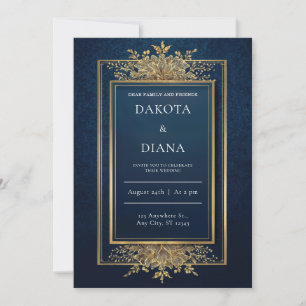 Luxury Gold Swirl Navy Blue Ornate Wedding Invitation