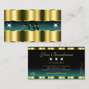 Luxury Gold Teal Black Sparkling Diamonds Initials Business Card