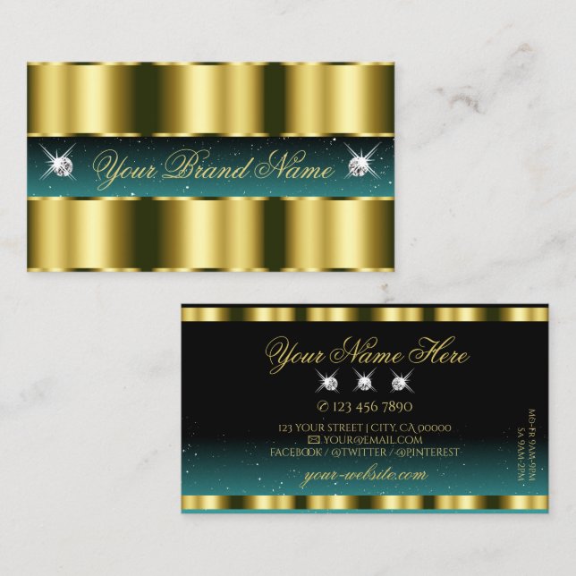 Luxury Gold Teal Black Sparkling Diamonds Stylish Business Card (Front/Back)