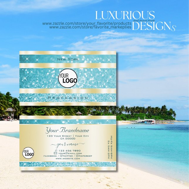 Luxury Gold Teal Glitter Luminous Stars add Logo Business Card (Creator Uploaded)