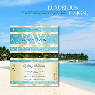 Luxury Gold Teal Glitter Luminous Stars Monogram Business Card