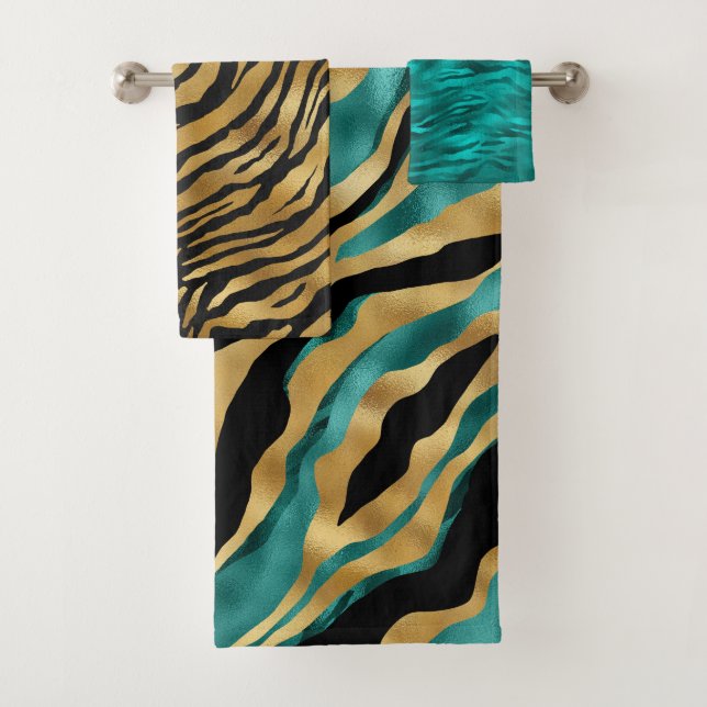 Luxury Gold Teal Tiger Stripe Pattern Bath Towel Set (Insitu)