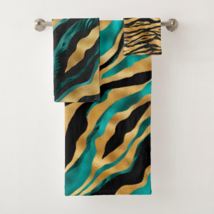 Luxury Gold Teal Tiger Stripe Pattern Bath Towel Set