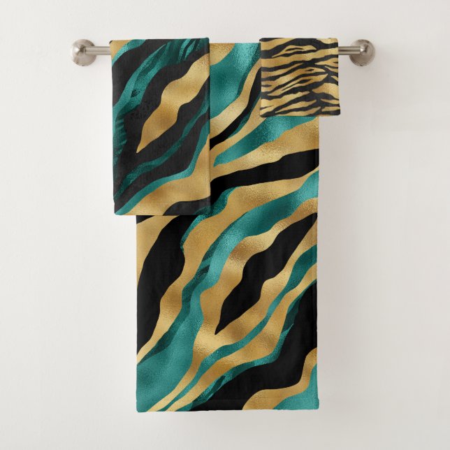 Luxury Gold Teal Tiger Stripe Pattern Bath Towel Set (Insitu)