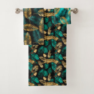Luxury Gold Teal Tiger & Tropical Leaves Bath Towel Set