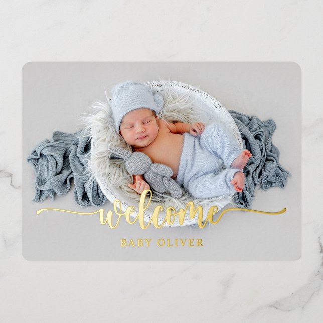Luxury Gold Welcome Baby Boy Birth Announcement (Front)