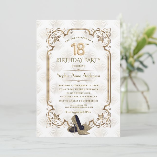 Luxury Gold White Art Deco 18th Birthday Invitation (Standing Front)