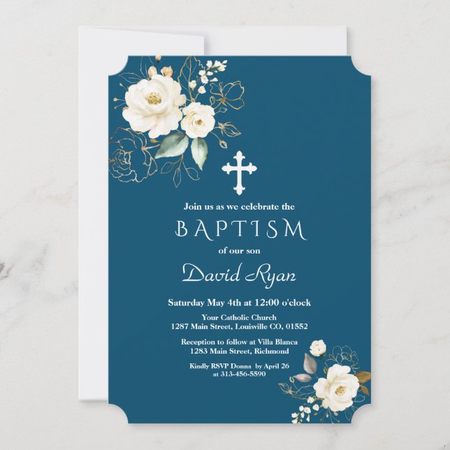 Luxury Gold  White Flowers Cross Boy Baptism Invitation (Front)