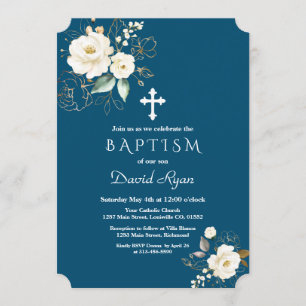 Luxury Gold  White Flowers Cross Boy Baptism Invitation