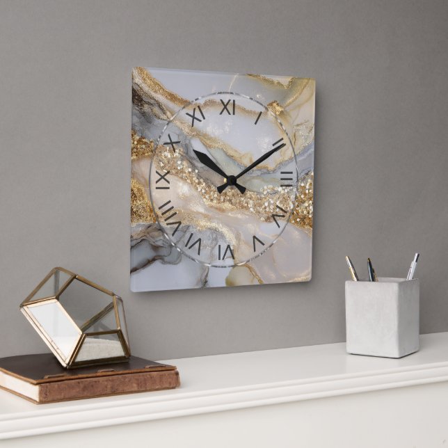 Luxury Gold & White Flowing Marble Square Wall Clock (Office)