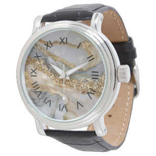 Luxury Gold & White Flowing Marble Watch