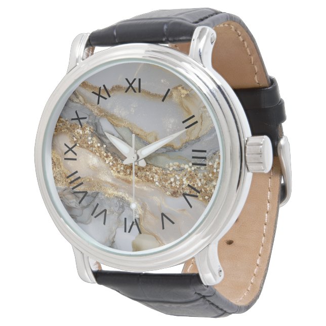Luxury Gold & White Flowing Marble Watch (Angled)