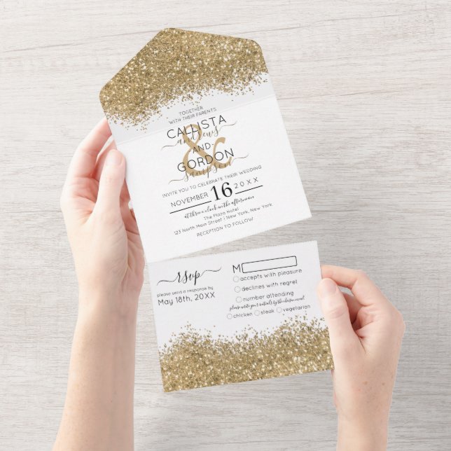 Luxury Gold White Glitter Confetti Wedding All In One Invitation (Tearaway)