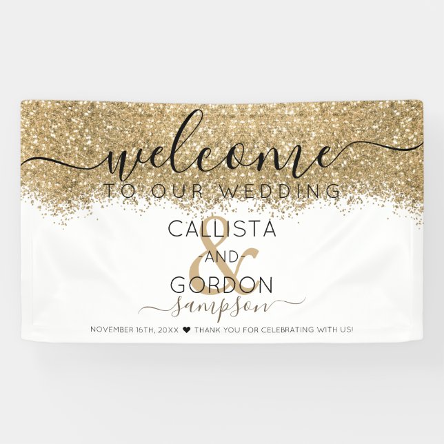 Luxury Gold White Glitter Confetti Wedding Welcome Banner (Horizontal)