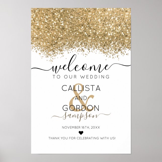Luxury Gold White Glitter Confetti Wedding Welcome Poster (Front)