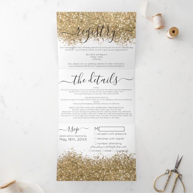 Luxury Gold White Glitter Registry Detail RSVP Tri-Fold Invitation (Inside)