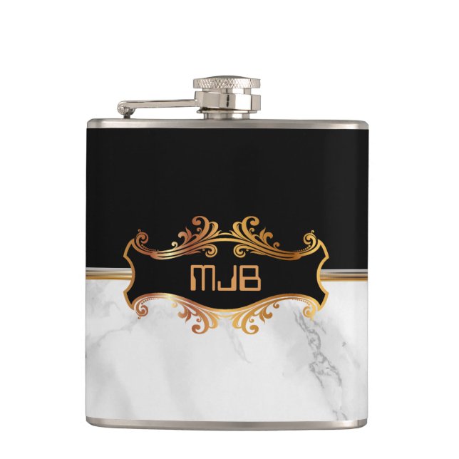 Luxury Gold with Black and White Marble Hip Flask (Front)