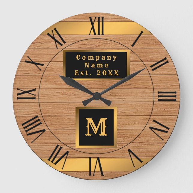 Luxury Gold Wood Modern Monogrammed Large Clock (Front)