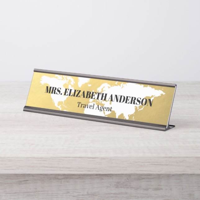 Luxury Gold World map travel agency Desk Name Plate (Front)