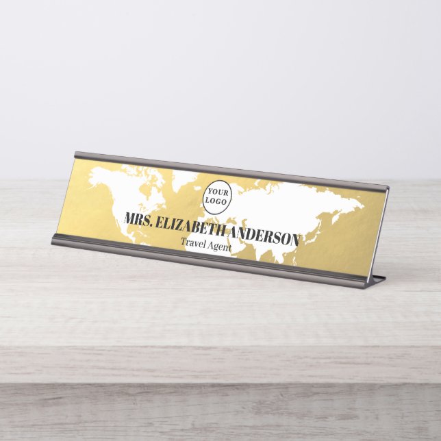 Luxury Gold World map travel agency with logo Desk Name Plate (Front)