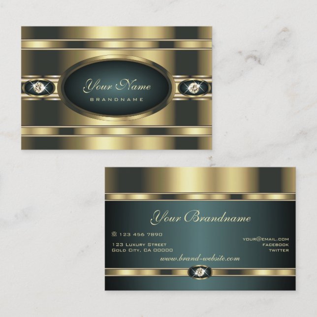 Luxury Golden and Dark Teal with Faux Rhinestones Business Card (Front/Back)