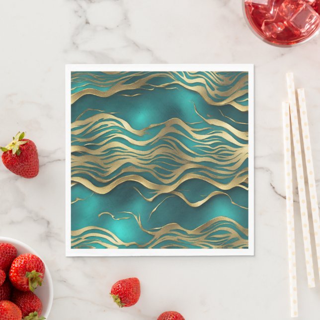 Luxury Golden Beige Swirl Turquoise Teal Blue  Napkin (Insitu)