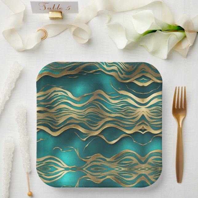 Luxury Golden Beige Swirl Turquoise Teal Blue  Paper Plate (Wedding)