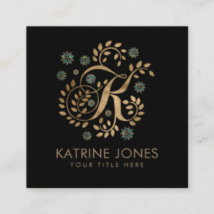 Luxury Golden Calligraphy Monogram with letter K Square Business Card