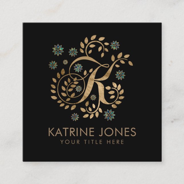 Luxury Golden Calligraphy Monogram with letter K Square Business Card (Front)