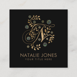 Luxury Golden Calligraphy Monogram with letter N Square Business Card