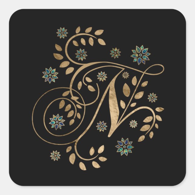 Luxury Golden Calligraphy Monogram with letter N Square Sticker (Front)